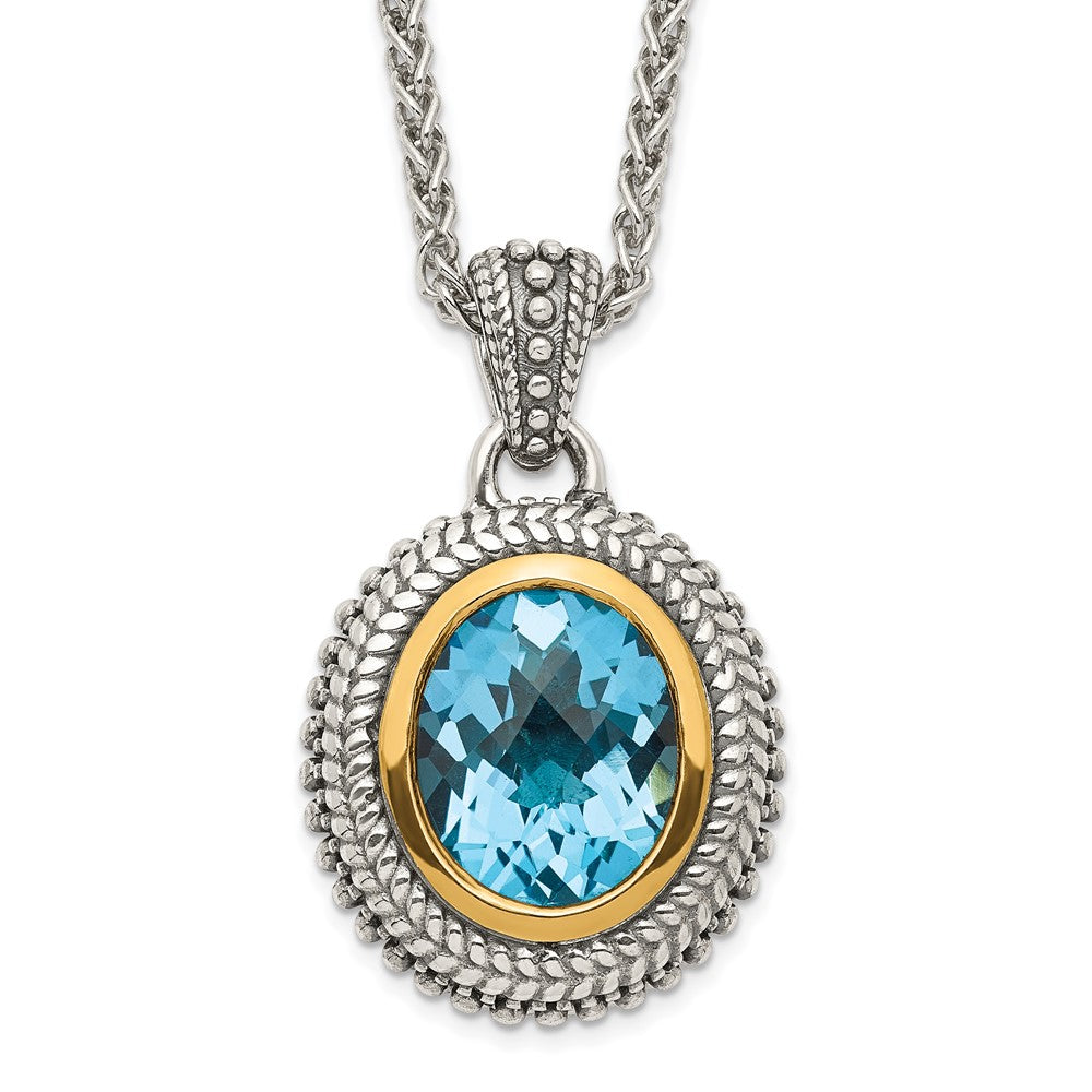 14K/silver Bicolor Shey Couture Sterlingsilber mit 14K Akzente 18 Zoll Antikisiert Oval Zargenfassung Licht Schweizer Blautopas Halskette