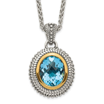 14K/silver Bicolor Shey Couture Sterlingsilber mit 14K Akzente 18 Zoll Antikisiert Oval Zargenfassung Licht Schweizer Blautopas Halskette