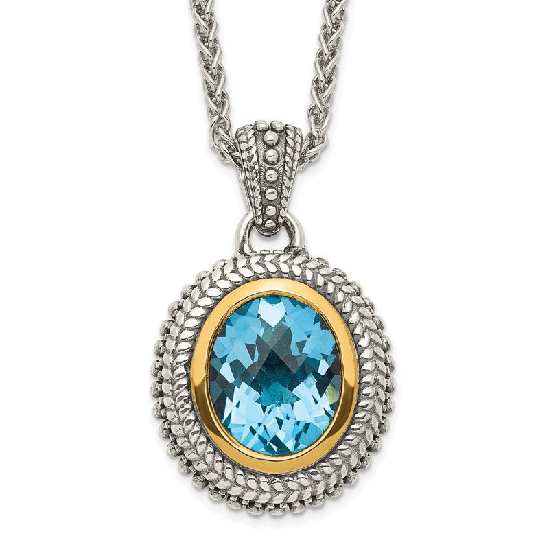 14K/silver Bicolor Shey Couture Sterlingsilber mit 14K Akzente 18 Zoll Antikisiert Oval Zargenfassung Licht Schweizer Blautopas Halskette
