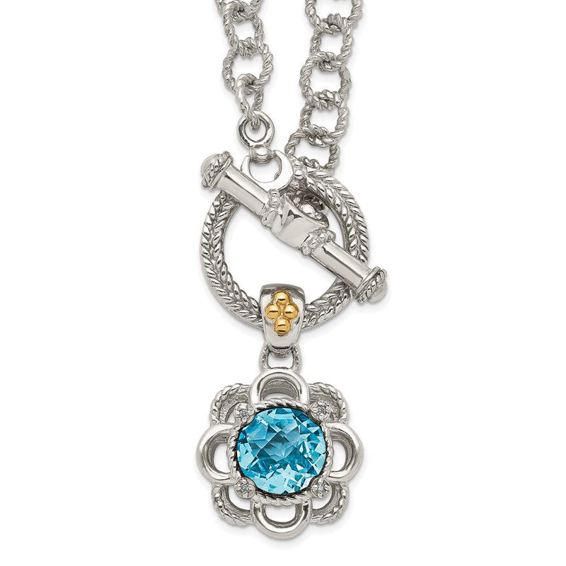 14K/silver Bicolor Shey Couture Sterlingsilber Rhodiniert mit 14K Akzente 18 Zoll Rund Licht Schweizer Blautopas und Diamant Knebel Halskette