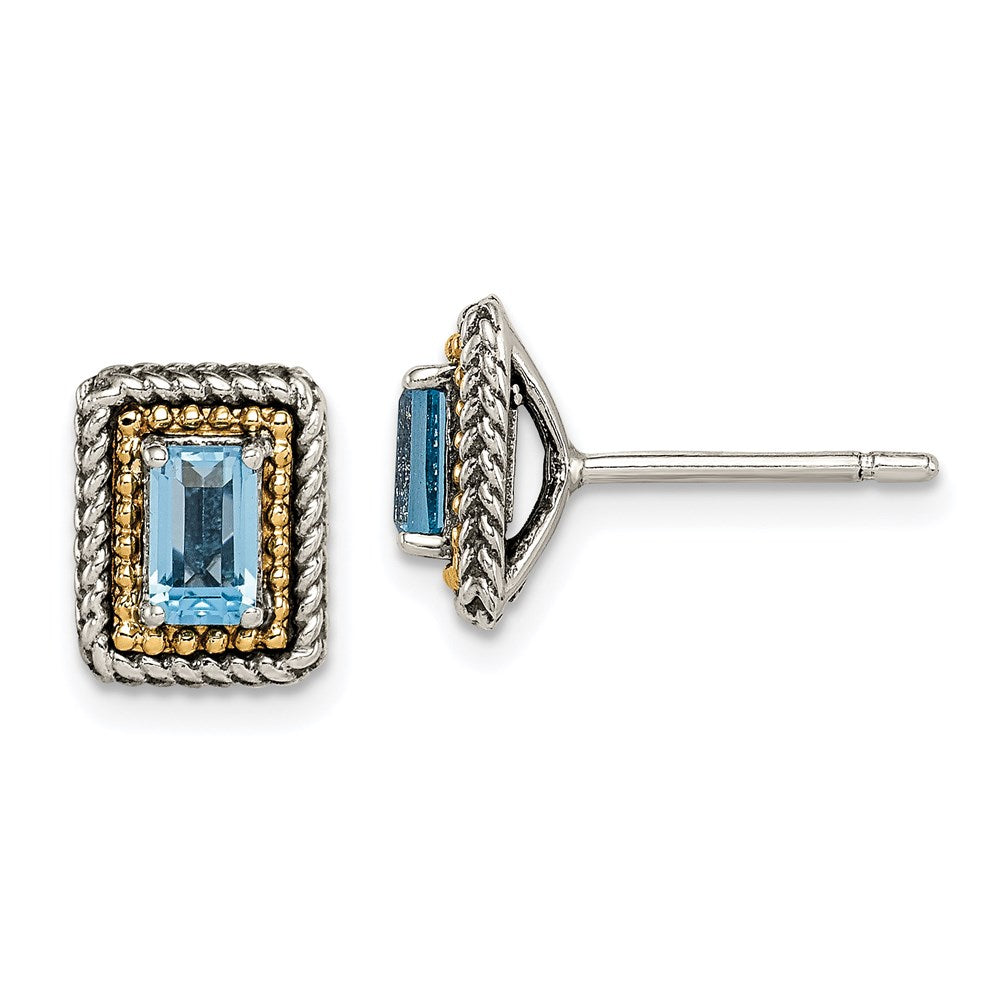 14K/silver Bicolor Shey Couture Sterlingsilber mit 14K Akzente Antikisiert Smaragdschliff Blautopas Ohrstecker