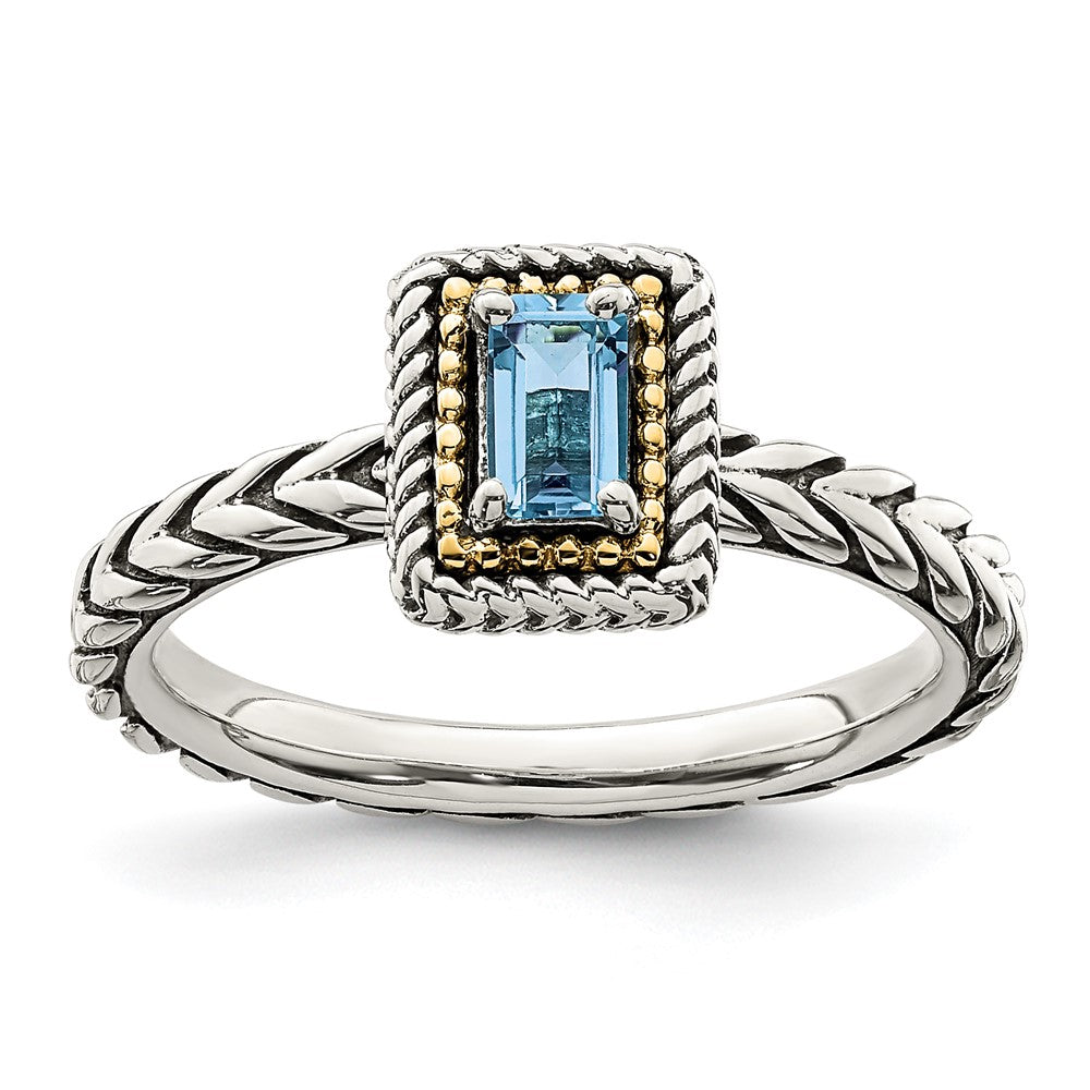 14K/silver Bicolor Shey Couture Sterlingsilber mit 14K Akzente Antikisiert Smaragdschliff Licht Schweizer Blautopas Ring