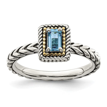 14K/silver Bicolor Shey Couture Sterlingsilber mit 14K Akzente Antikisiert Smaragdschliff Licht Schweizer Blautopas Ring