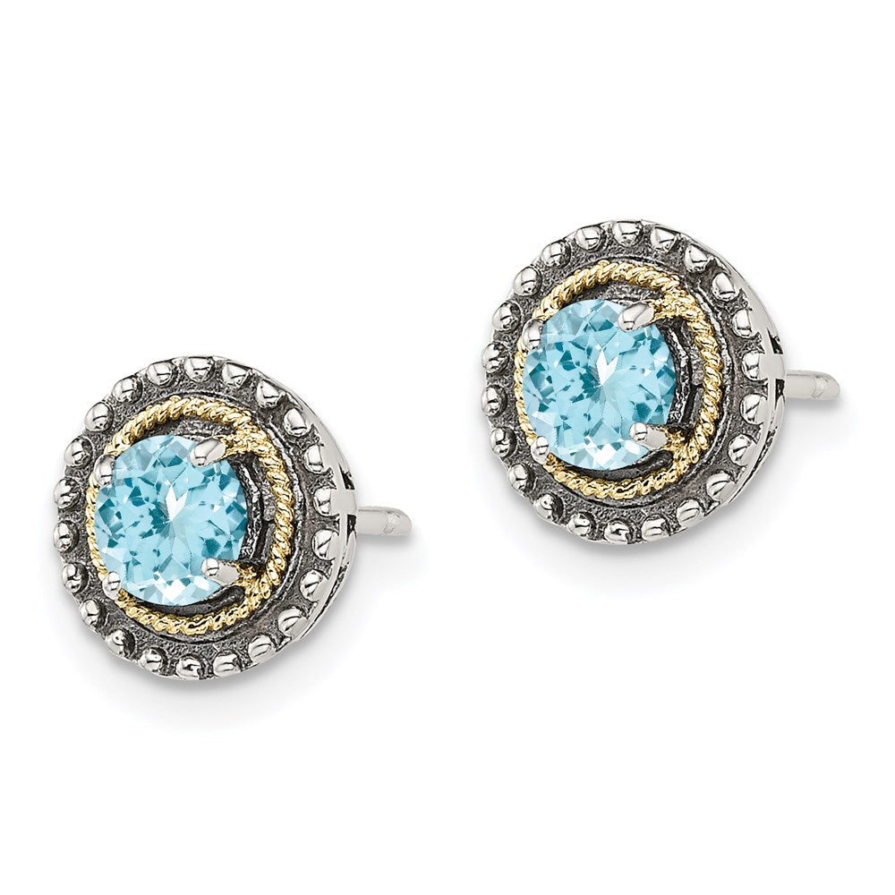 14K/silver Bicolor Shey Couture Sterlingsilber mit 14K Akzente Antikisiert Rund Licht Schweizer Blautopas Ohrstecker