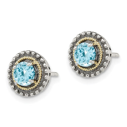 14K/silver Bicolor Shey Couture Sterlingsilber mit 14K Akzente Antikisiert Rund Licht Schweizer Blautopas Ohrstecker