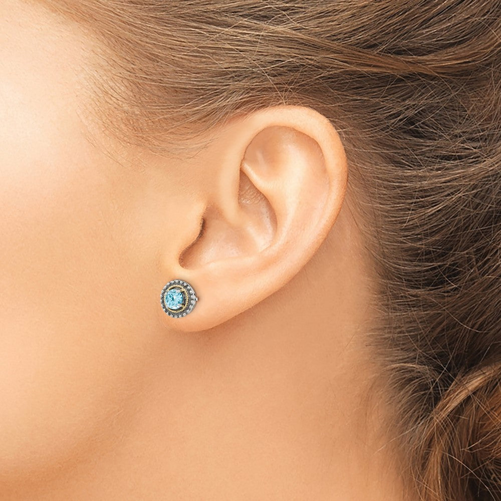 14K/silver Bicolor Shey Couture Sterlingsilber mit 14K Akzente Antikisiert Rund Licht Schweizer Blautopas Ohrstecker