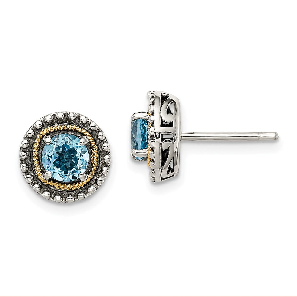 14K/silver Bicolor Shey Couture Sterlingsilber mit 14K Akzente Antikisiert Rund Licht Schweizer Blautopas Ohrstecker