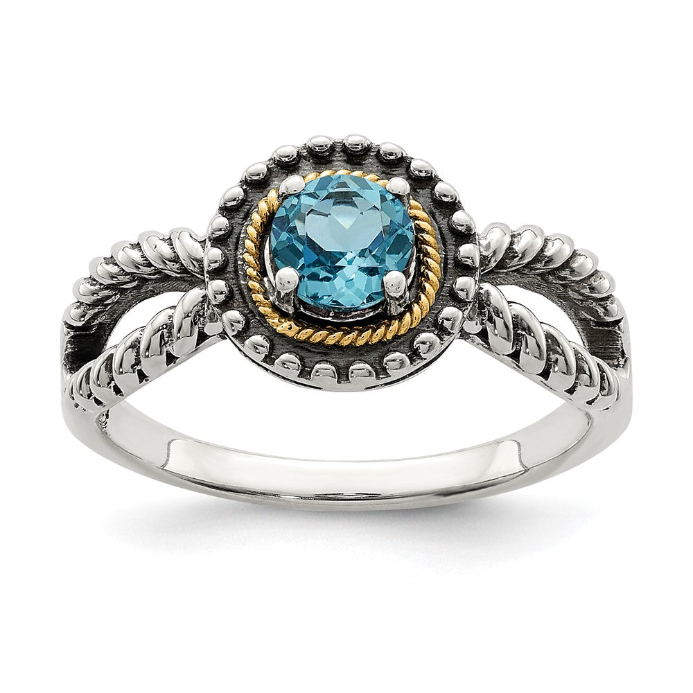 14K/silver Bicolor Shey Couture Sterlingsilber mit 14K Akzente Antikisiert Rund Licht Schweizer Blautopas Ring