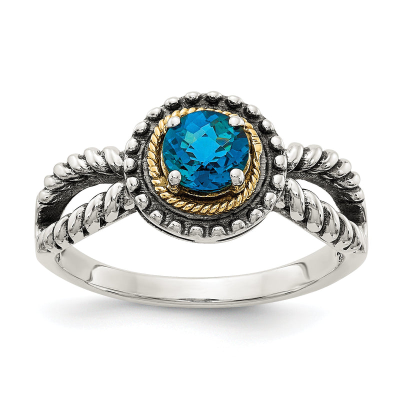 14K/silver Bicolor Shey Couture Sterlingsilber mit 14K Akzente Antikisiert Rund London Blautopas Ring