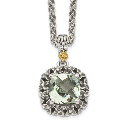 14K/silver Bicolor Shey Couture Sterlingsilber mit 14K Akzente 18 Zoll Antikisiert Kissen Grün Quarz Halskette