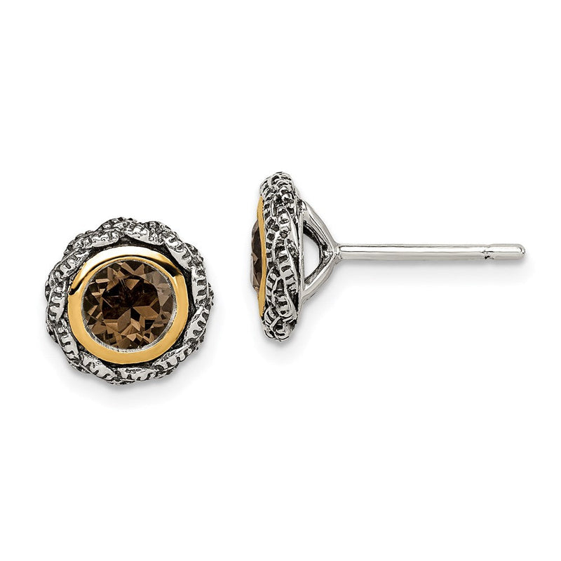 14K/silver Bicolor Shey Couture Sterlingsilber mit 14K Akzente Antikisiert Rund Zargenfassung Rauch Quarz Ohrstecker