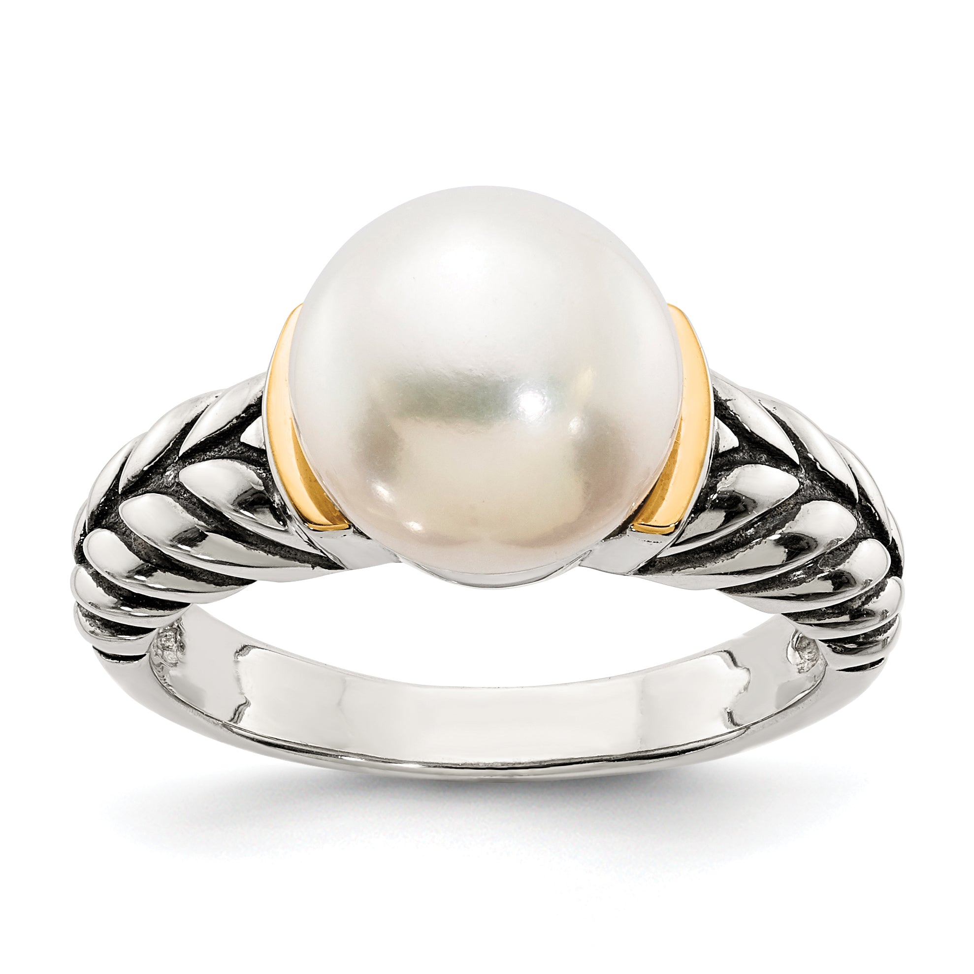 14K/silver Bicolor Shey Couture Sterlingsilber mit 14K Akzente Antikisiert 10mm Knopf Süßwasser Zuchtperle Ring