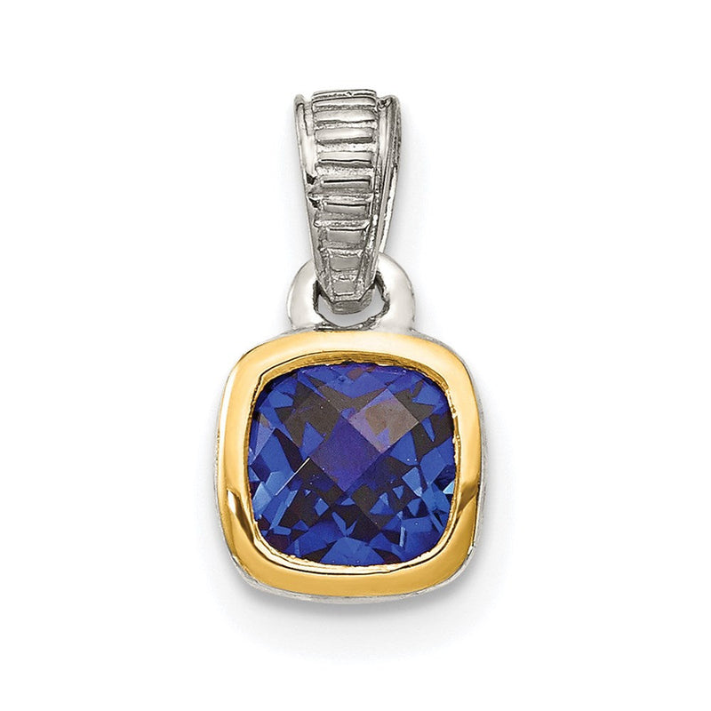 14K/silver Bicolor Shey Couture Sterlingsilber Rhodiniert mit 14K Akzente Poliert Kissen Schliff Erzeugt Saphir Anhänger