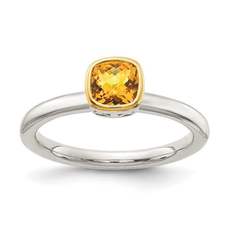 14K/silver Bicolor Shey Couture Sterlingsilber Rhodiniert mit 14K Akzente Poliert Kissen Schliff Citrin Ring
