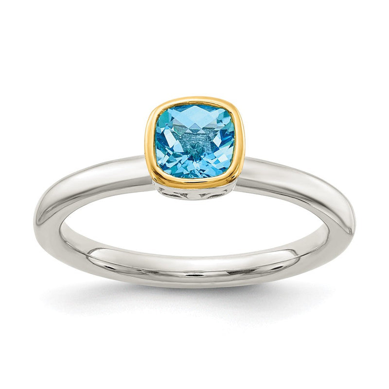 14K/silver Bicolor Shey Couture Sterlingsilber Rhodiniert mit 14K Akzente Poliert Kissen Schliff Licht Schweizer Blautopas Ring