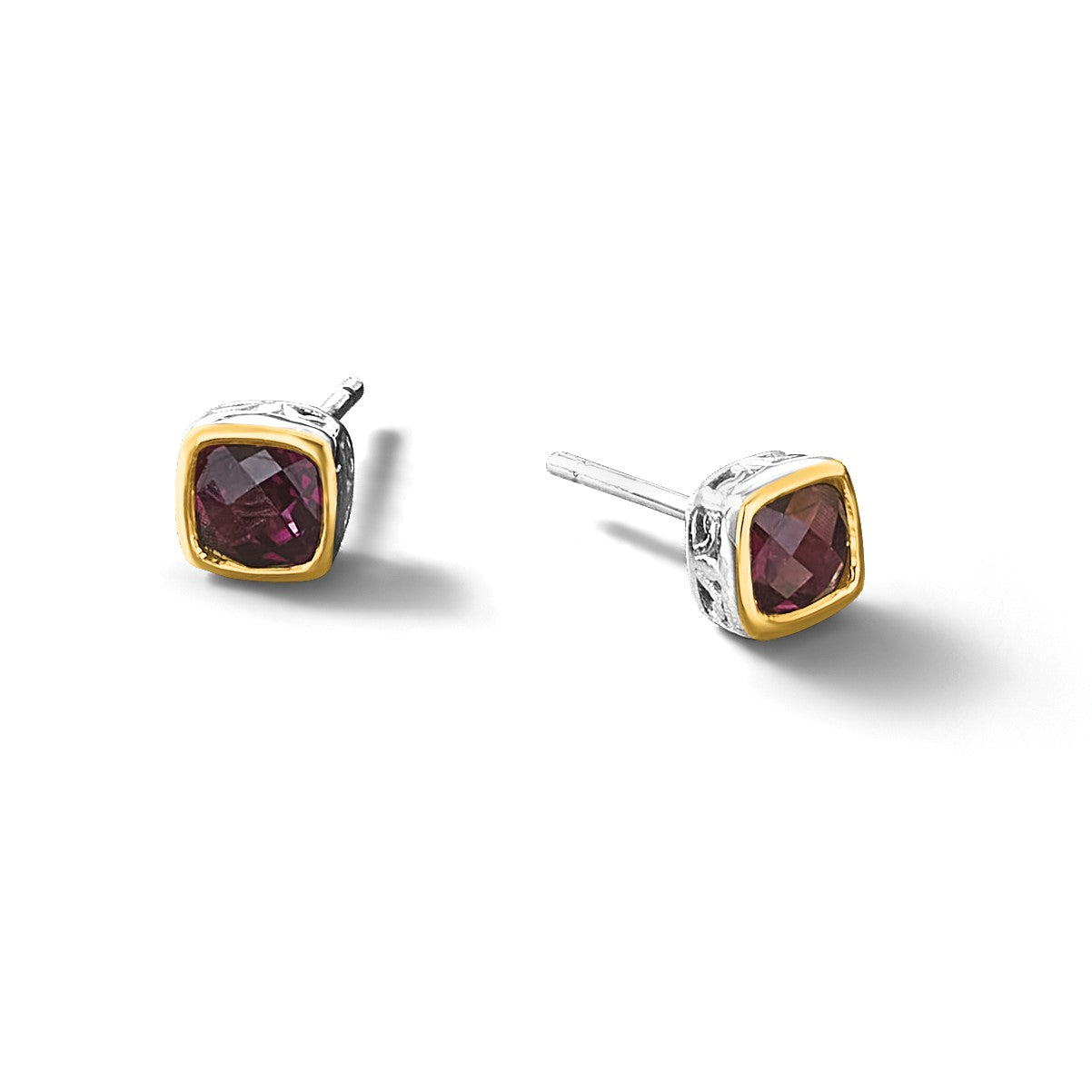 14K/silver Bicolor Shey Couture Sterlingsilber Rhodiniert mit 14K Akzente Rhodolith Granat Quadratisch Ohrstecker