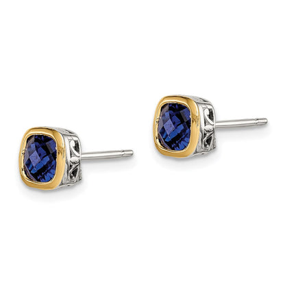 14K/silver Bicolor Shey Couture Sterlingsilber Rhodiniert mit 14K Akzente Erzeugt Saphir Quadratisch Ohrstecker