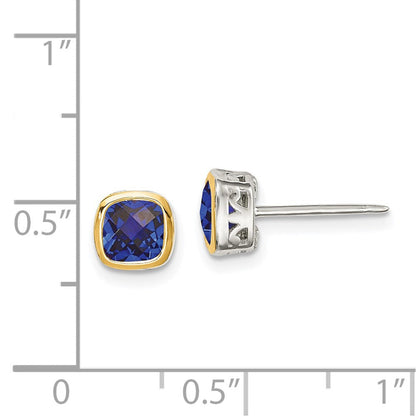 14K/silver Bicolor Shey Couture Sterlingsilber Rhodiniert mit 14K Akzente Erzeugt Saphir Quadratisch Ohrstecker