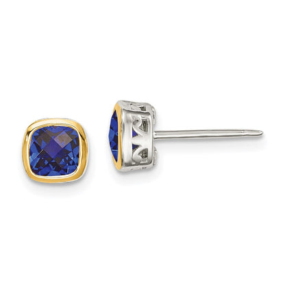 14K/silver Bicolor Shey Couture Sterlingsilber Rhodiniert mit 14K Akzente Erzeugt Saphir Quadratisch Ohrstecker