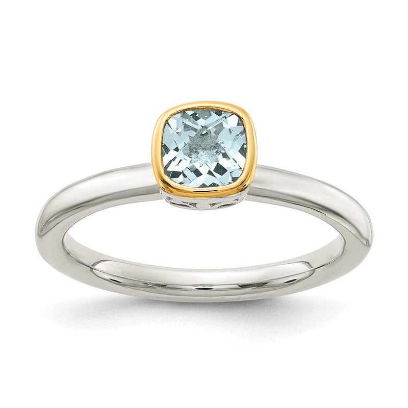 14K/silver Bicolor Shey Couture Sterlingsilber Rhodiniert mit 14K Akzente Poliert Kissen Schliff Aquamarin Ring