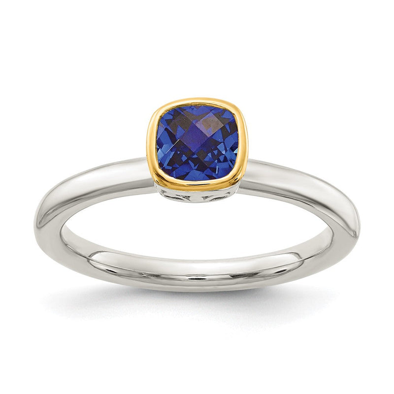 14K/silver Bicolor Shey Couture Sterlingsilber Rhodiniert mit 14K Akzente Poliert Kissen Schliff Erzeugt Saphir Ring