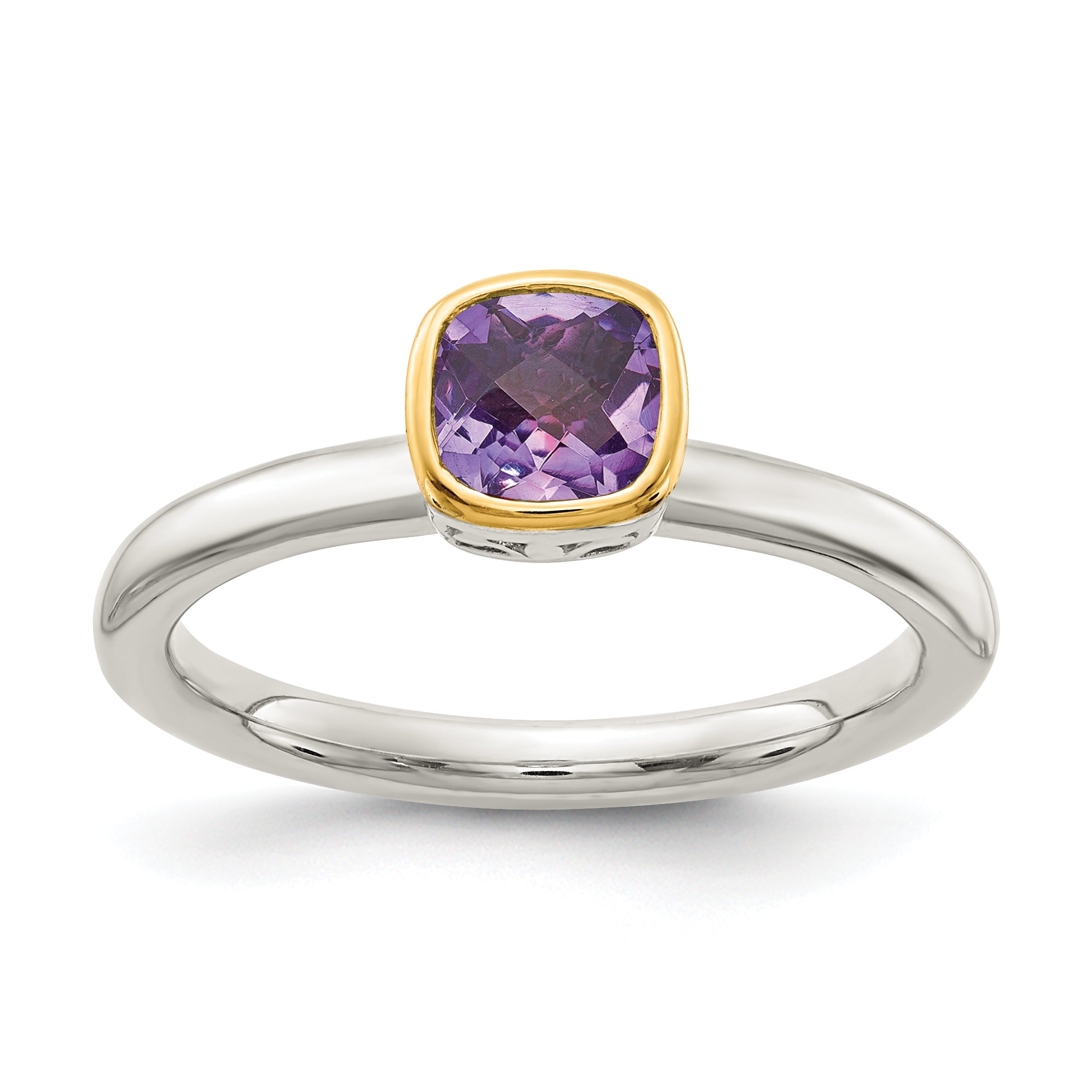 14K/silver Bicolor Shey Couture Sterlingsilber Rhodiniert mit 14K Akzente Poliert Kissen Schliff Amethyst Ring