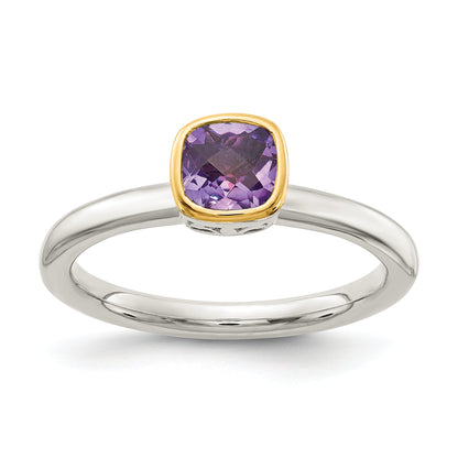 14K/silver Bicolor Shey Couture Sterlingsilber Rhodiniert mit 14K Akzente Poliert Kissen Schliff Amethyst Ring
