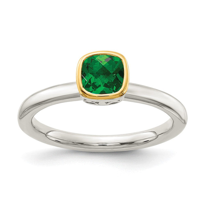 14K/silver Bicolor Shey Couture Sterlingsilber Rhodiniert mit 14K Akzente Poliert Kissen Schliff Erzeugt Smaragd Ring