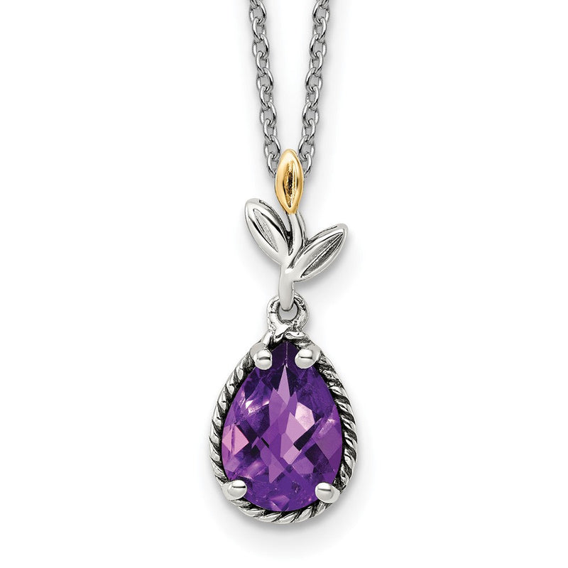 14K/silver Bicolor Shey Couture Sterlingsilber mit 14K Akzente 18 Zoll Leaves Schachbrett Tropfen Geformt Amethyst Halskette 2 Verlängerung