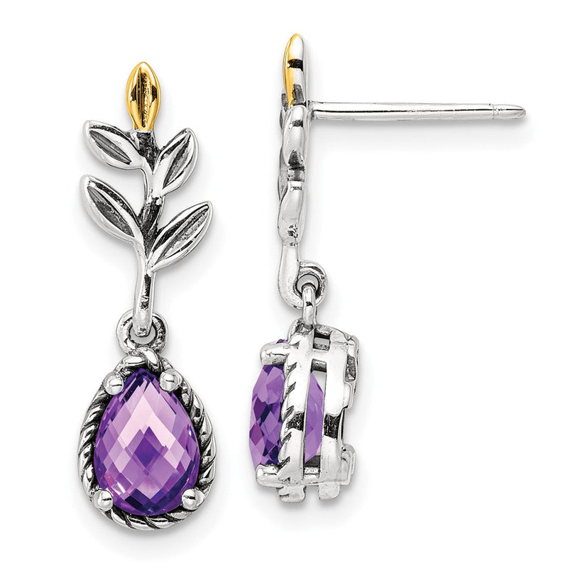 14K/silver Bicolor Shey Couture Sterlingsilber mit 14K Akzente Leaves Tropfen Geformt Schachbrett Amethyst Hängend Ohrstecker