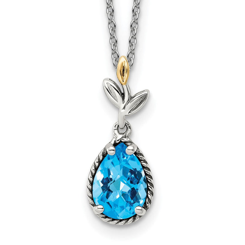 14K/silver Bicolor Shey Couture Sterlingsilber mit 14K Akzente 18 Zoll Leaves Tropfen Form Schachbrett Blautopas Halskette 2 Verlängerung