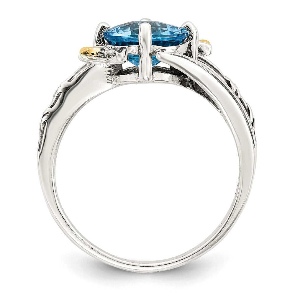 14K/silver Bicolor Shey Couture Sterlingsilber mit 14K Akzente Antikisiert Leaves Rund Licht Schweizer Blautopas Ring