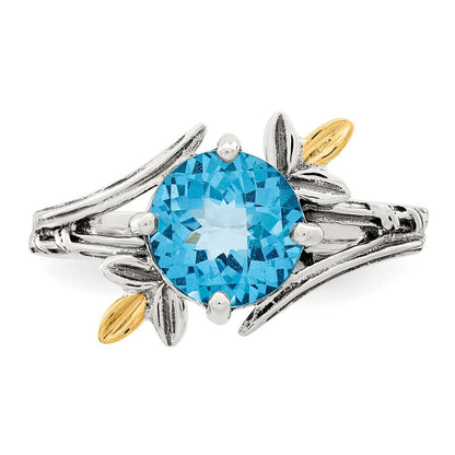 14K/silver Bicolor Shey Couture Sterlingsilber mit 14K Akzente Antikisiert Leaves Rund Licht Schweizer Blautopas Ring