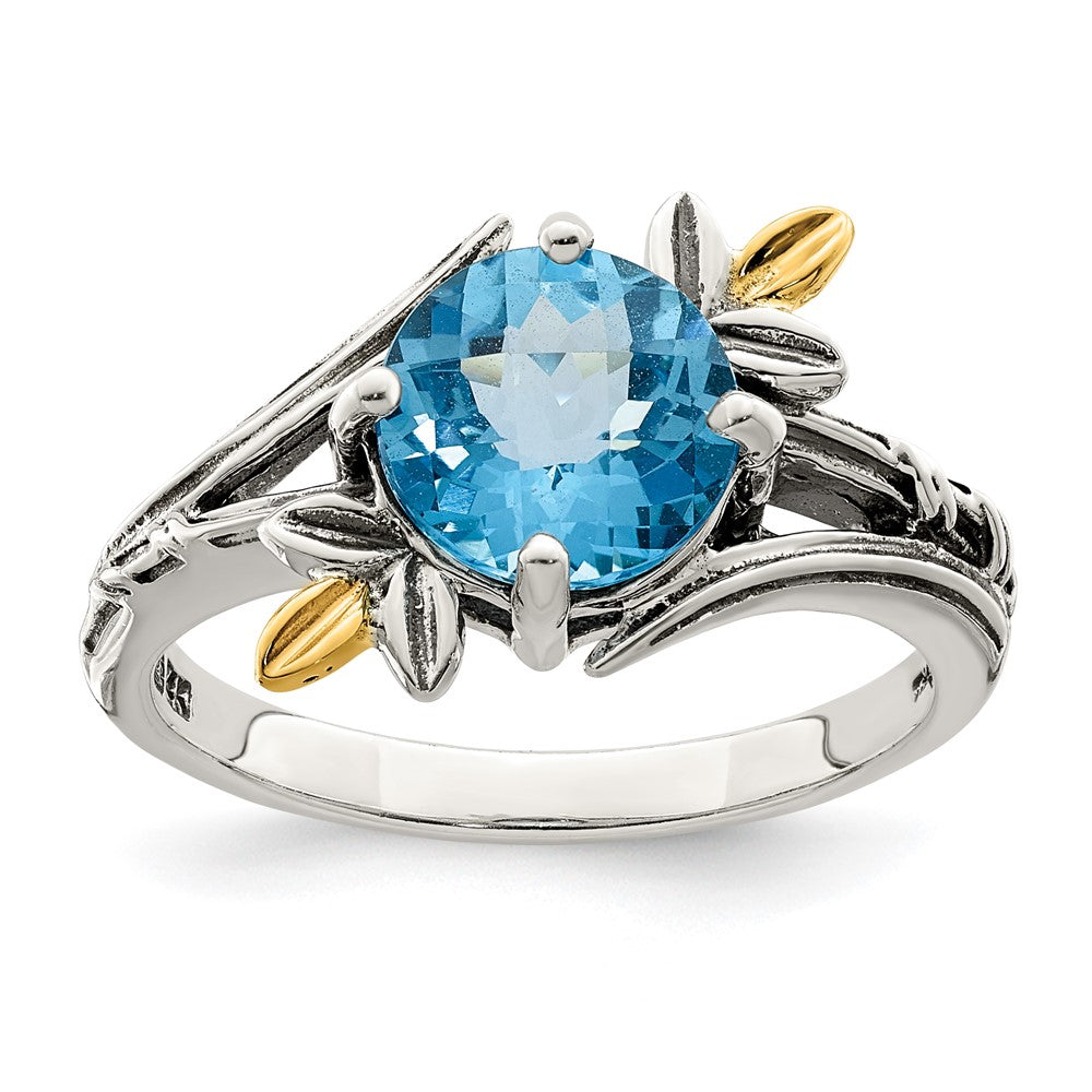 14K/silver Bicolor Shey Couture Sterlingsilber mit 14K Akzente Antikisiert Leaves Rund Licht Schweizer Blautopas Ring
