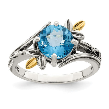 14K/silver Bicolor Shey Couture Sterlingsilber mit 14K Akzente Antikisiert Leaves Rund Licht Schweizer Blautopas Ring