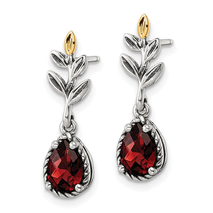 14K/silver Bicolor Shey Couture Sterlingsilber mit 14K Akzente 18 Zoll Antikisiert Leaves Tropfen Geformt Schachbrett Granat Hängend Ohrstecker