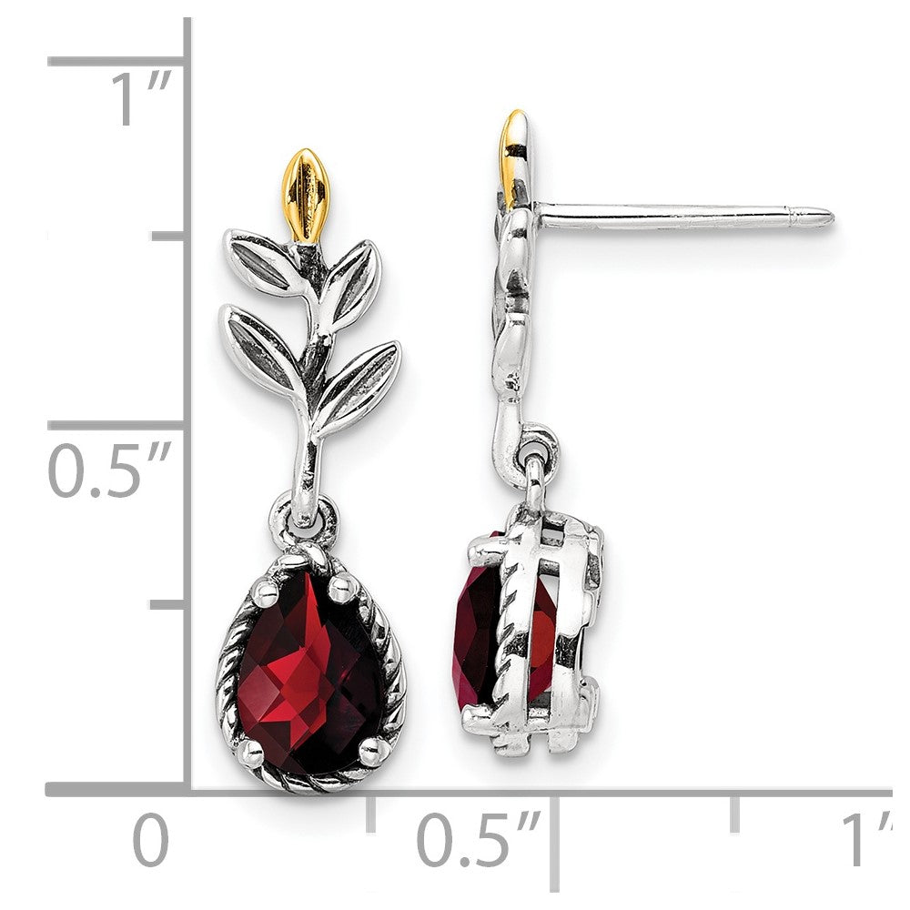 14K/silver Bicolor Shey Couture Sterlingsilber mit 14K Akzente 18 Zoll Antikisiert Leaves Tropfen Geformt Schachbrett Granat Hängend Ohrstecker