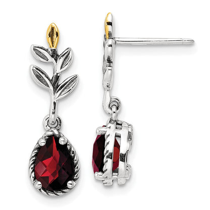 14K/silver Bicolor Shey Couture Sterlingsilber mit 14K Akzente 18 Zoll Antikisiert Leaves Tropfen Geformt Schachbrett Granat Hängend Ohrstecker