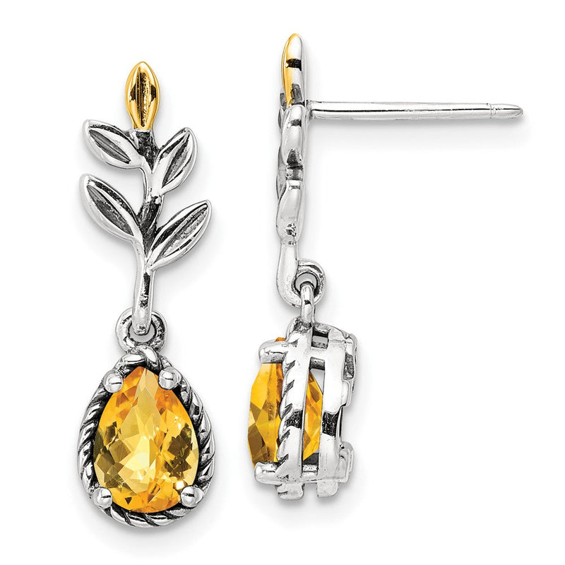 14K/silver Bicolor Shey Couture Sterlingsilber mit 14K Akzente Antikisiert Blatt Tropfen Geformt Citrin Hängend Ohrstecker