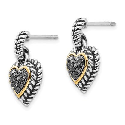 14K/silver Bicolor Shey Couture Sterlingsilber mit 14K Akzente Antikisiert Schwarz Diamant Hängend Stecker Herz Ohrringe