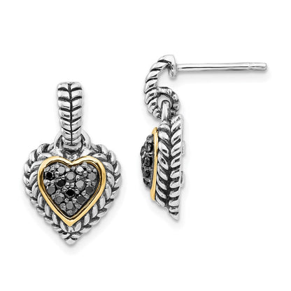 14K/silver Bicolor Shey Couture Sterlingsilber mit 14K Akzente Antikisiert Schwarz Diamant Hängend Stecker Herz Ohrringe