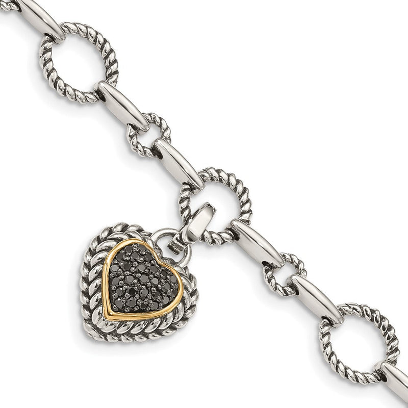 14K/silver Bicolor Shey Couture Sterlingsilber mit 14K Akzente 8 Zoll Antikisiert Schwarz Diamant Herz Glieder Armband