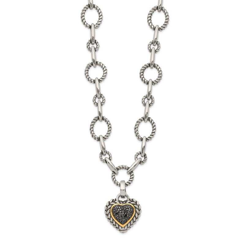 14K/silver Bicolor Shey Couture Sterlingsilber mit 14K Akzente 17 Zoll Antikisiert Schwarz Diamant Herz Tropfen Halskette