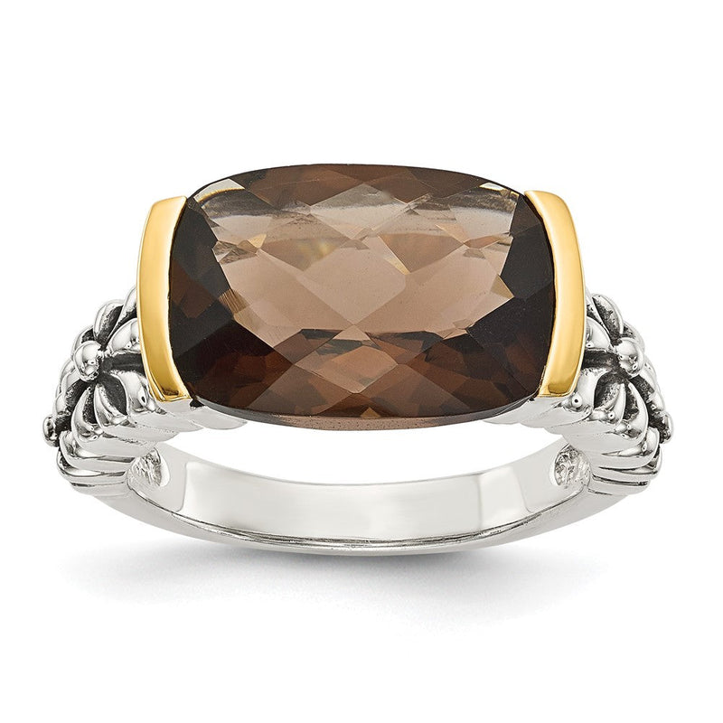 14K/silver Bicolor Shey Couture Sterlingsilber mit 14K Akzente Antikisiert Kissen Schachbrett Rauch Quarz Ring