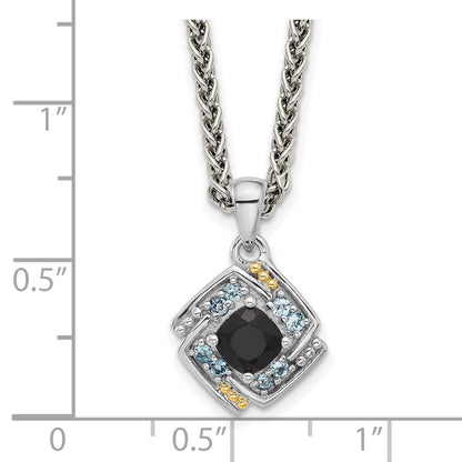 Sterlingsilber Rhodiniert-pl mit 14K/silver Bicolor.49 Onyx Und.16 Schweizer Blautopas Halskette