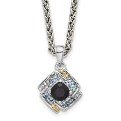 Sterlingsilber Rhodiniert-pl mit 14K/silver Bicolor.49 Onyx Und.16 Schweizer Blautopas Halskette