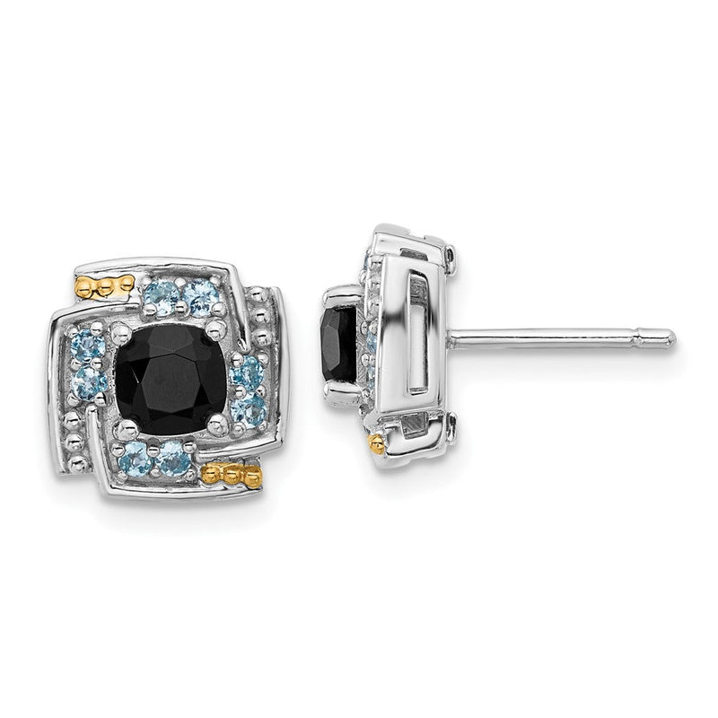 Sterlingsilber Rhodiniert-pl mit 14K/silver Bicolor.96 Onyx /.33 Schweizer Blautopas Ohrstecker