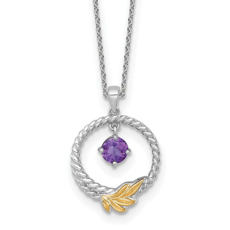 Ss Rhodiniert mit 14K/silver Bicolor Akzente Gedreht Amethyst Blatt Kreis Halskette
