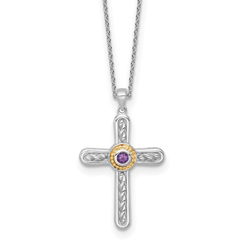 Ss Rhodiniert mit 14K/silver Bicolor Akzente Strukturiert Amethyst Kreuz Halskette