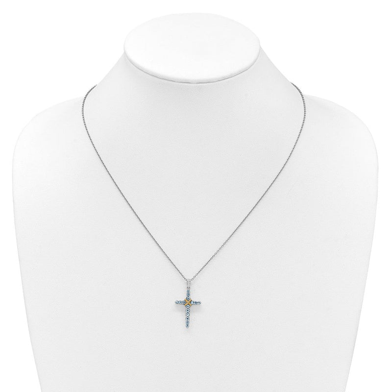 Ss Rhodiniert mit 14K/silver Bicolor Akzente Licht Schweizer Blautopas Kreuz Halskette